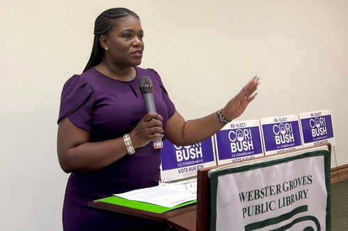 Rep. Cori Bush (D-Mo.) speaks to supporters in Webster Groves, Missouri, on July 31. Super PACs supporting her opponent outspent groups backing her by a more than 3-to-1 margin.
