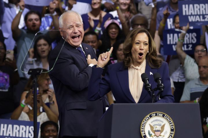 Vice President Kamala Harris introduces Democratic vice presidential candidate Minnesota Gov. Tim Walz during a campaign rally at Temple University on Tuesday in Philadelphia, Pennsylvania. Harris ended weeks of speculation about who her running mate would be, selecting the 60-year-old midwestern governor over other candidates.