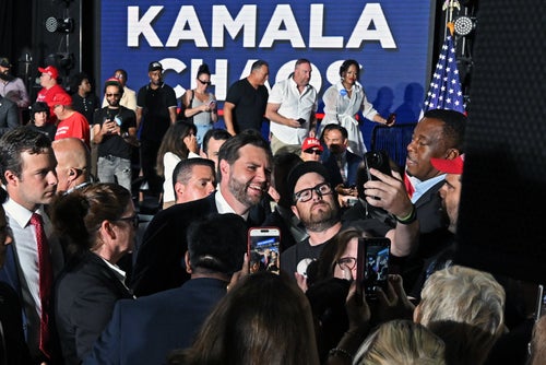JD Vance greets supporters during a campaign rally at 2300 Arena in Philadelphia, Pennsylvania.