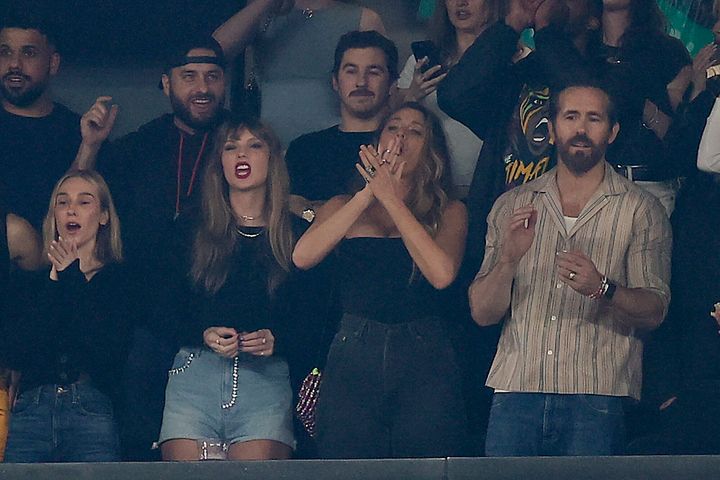 Taylor Swift, with Blake Lively, Ryan Reynolds and others at a Kansas City Chiefs game earlier this year