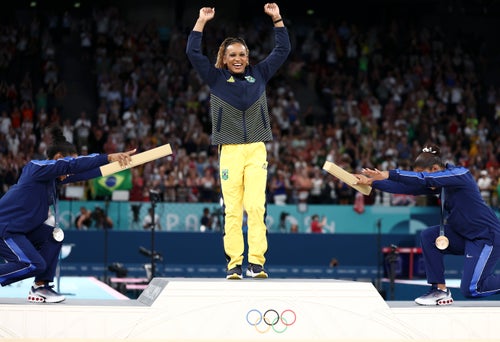 Floor event gold medalist Rebeca Andrade of Brazil, center, is pictured alongside U.S. silver medalist Simone Biles, left, and U.S. bronze medalist Jordan Chiles, right, at the Paris Olympics on Monday.