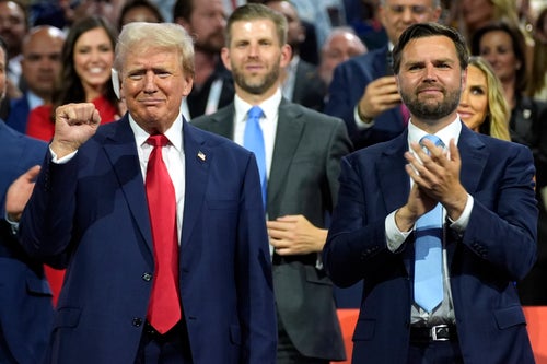 Republican presidential candidate former President Donald Trump, left, and Republican vice presidential candidate Sen. JD Vance, R-Ohio, attend the Republican National Convention, July 15, 2024, in Milwaukee. (AP Photo/Evan Vucci, File)