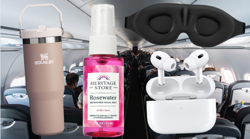 Stanley 30 ounce travel Quencher, Heritage Store rosewater spray, molded sleep eye mask and Apple AirPod Pros. 