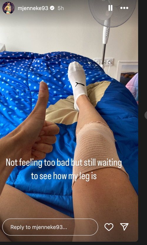 The hurdler shared an Instagram story picture of her knee wrapped in a bandage.