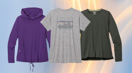 A Mountain Hardgear hoodie, a Patagonia T-shirt and an REI Co-op long-sleeved shirt.