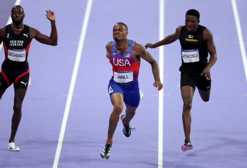 Quincy Hall wins the 400-meter dash at the Paris Olympics.