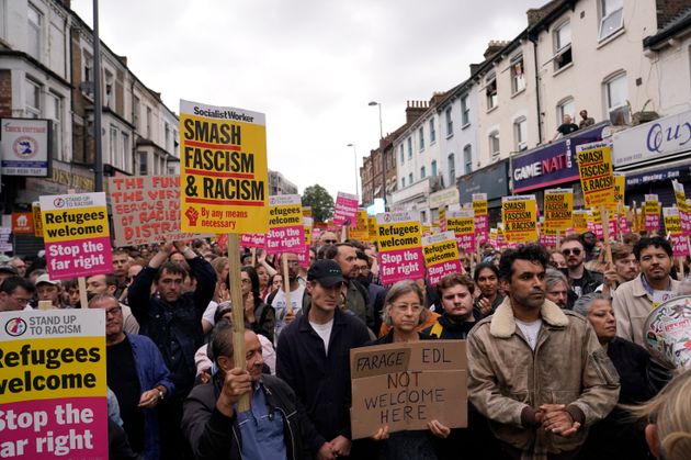 Protesters demonstrate against a planned far-right anti-immigration protest in London.