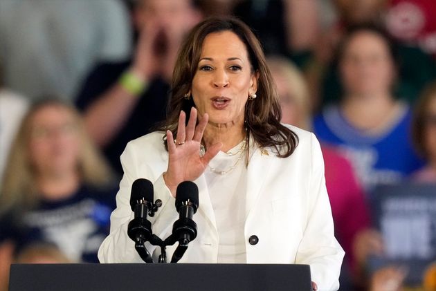 Democratic presidential nominee Vice President Kamala Harris speaks at a campaign rally Wednesday, Aug. 7, 2024, in Romulus, Mich.