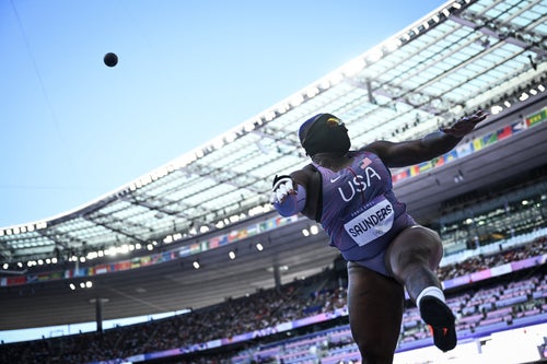 Raven Saunders in the shot put qualifying round at the Paris Olympics.