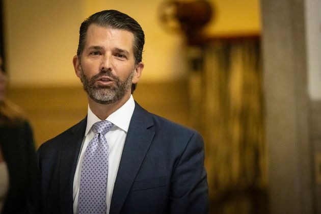 Donald Trump, Jr. speaks to the media outside the courtroom at New York Supreme Court, Monday, Nov. 13, 2023, in New York