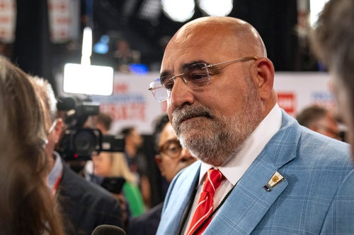 Chris LaCivita, senior adviser to former president Donald Trump's 2024 presidential campaign, speaks to reporters in the spin room at the McCamish Pavilion on the Georgia Institute of Technology campus in Atlanta on June 27.
