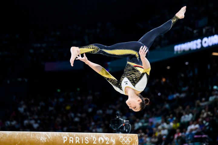 PARIS, FRANCE - JULY 28: Sarah Voss of Team Germany competes on the balance beam during day two of the Olympic Games Paris 2024 at the Bercy Arena on July 28, 2024 in Paris, France. (Photo by Tom Weller/VOIGT/GettyImages)