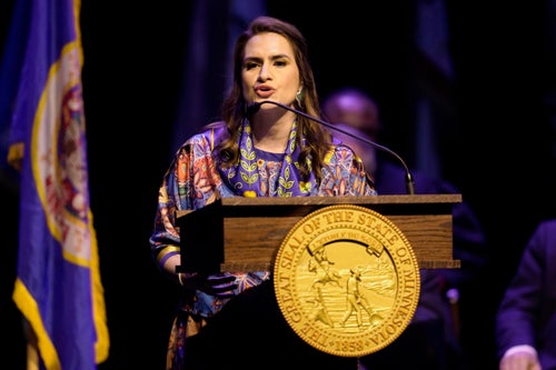 Minnesota Lt. Gov. Peggy Flanagan delivers a speech after being sworn in for her second term during her inauguration in St. Paul, Minnesota last year. Flanagan has been the nation's highest-ranking Native American statewide official since she was elected as lieutenant governor in 2018. (AP Photo/Abbie Parr, File)
