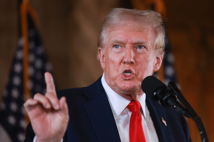 Republican presidential candidate former President Donald Trump speaks during a press conference at his Mar-a-Lago estate on August 08, 2024, in Palm Beach, Florida. (Photo by Joe Raedle/Getty Images)