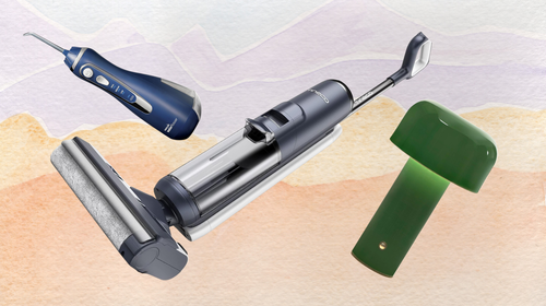 A Waterpik portable water flosser, a Tineco Floor One S5 mop-vacuum and a cordless mushroom table lamp.