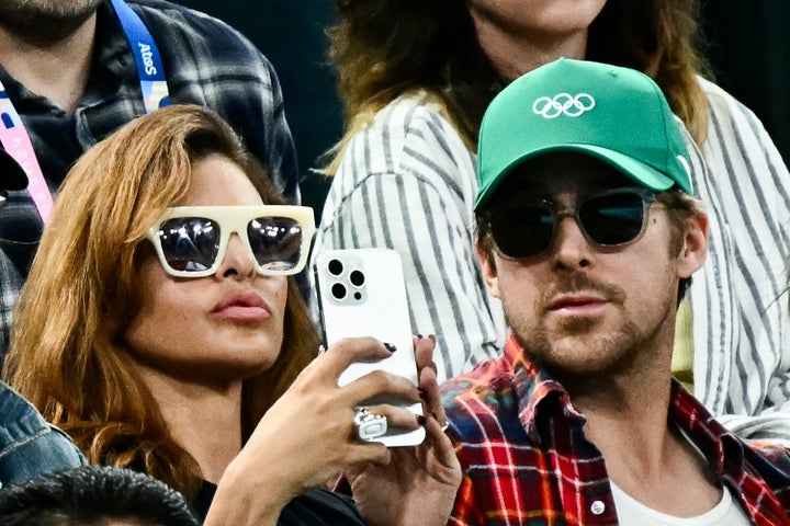 Eva Mendes and Ryan Gosling photographed together during the Paris 2024 Olympic Games on Aug. 4, 2024.