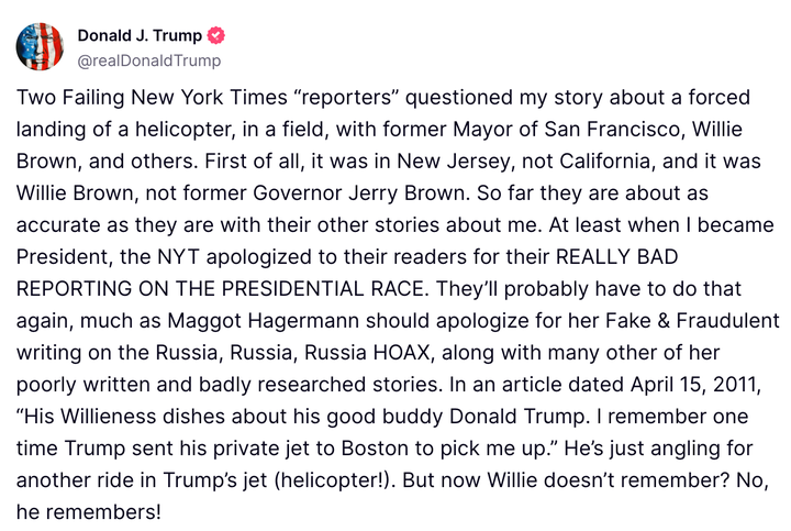 Donald Trump attacks the New York Times' coverage of his helicopter story involving former San Francisco Mayor Willie Brown in a Truth Social post.