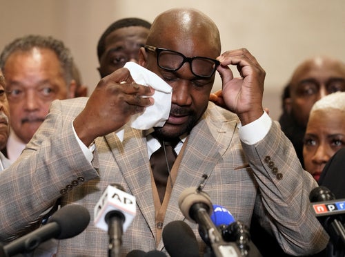 Philonise Floyd is pictured tearfully reacting to the verdict in Derek Chauvin's 2021 trial.