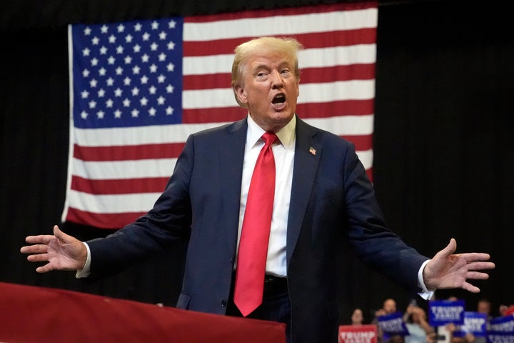 Republican presidential nominee former President Donald Trump arrives to speak at a campaign rally in Bozeman, Mont., Friday, Aug. 9, 2024. (AP Photo/Rick Bowmer)