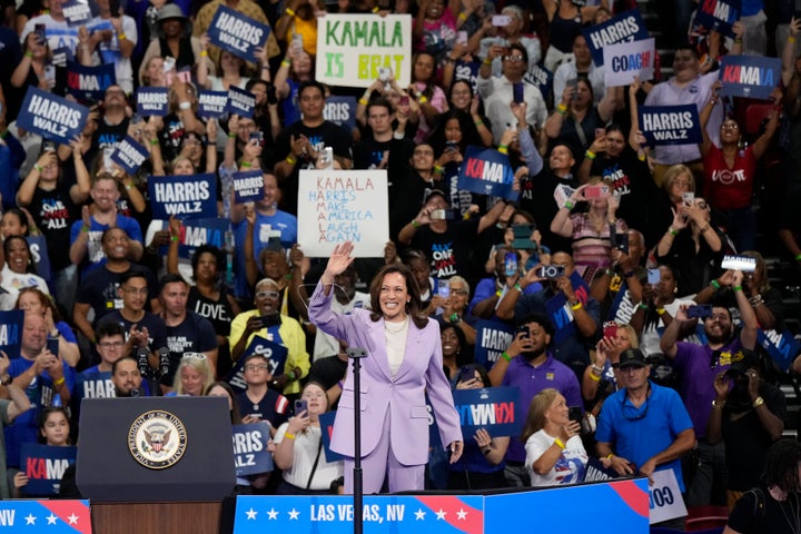 Democratic presidential nominee Vice President Kamala Harris arrives to speak at a campaign rally at the University of Nevada, Las Vegas on Saturday, Aug. 10, 2024. (AP Photo/Jae Hong)