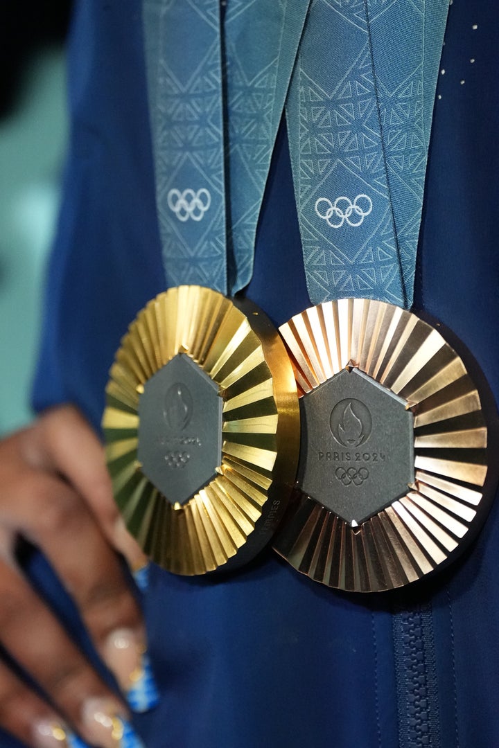 A close-up of Jordan Chiles posing with medals after the women's floor exercise finals at Bercy Arena. (Photo by Erick W. Rasco/Sports Illustrated via Getty Images)