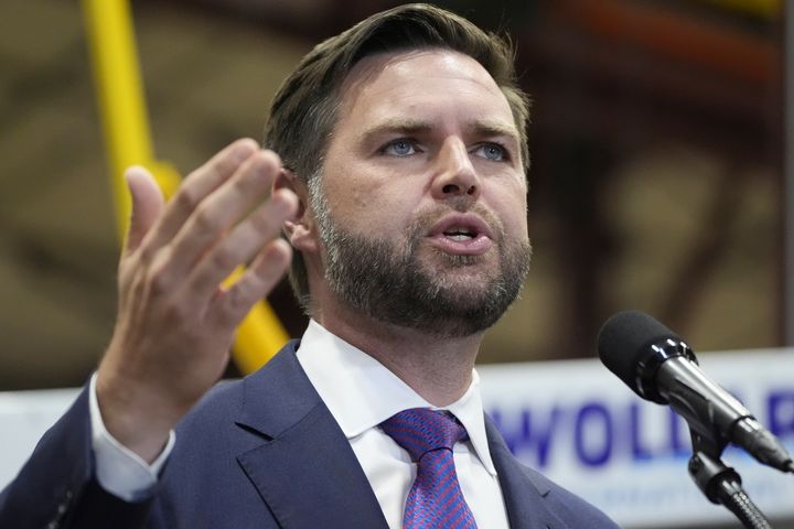 Republican vice presidential nominee Sen. JD Vance, R-Ohio, speaks at a campaign event at Wollard International, Aug. 7, 2024, in Eau Claire, Wis.