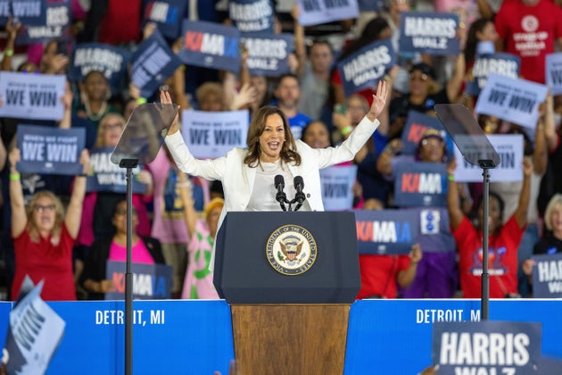 U.S. Vice President Kamala Harris, the Democratic presidential nominee, attends a campaign rally in an airport hangar outside Detroit, Michigan, the United States, Aug. 7, 2024. 