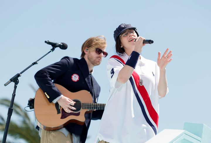 Finneas and Billie Eilish pictured during their Olympics Closing Ceremony performance