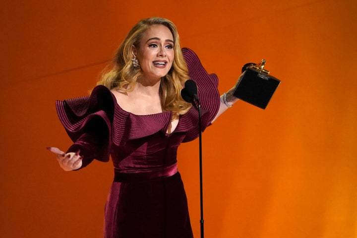 Adele on stage at the Grammys last year