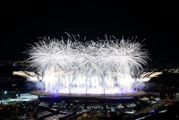 Fireworks signal the end of the 2024 Summer Olympics closing ceremony taking place at the Stade de France, Monday, Aug. 12, 2024, in Saint-Denis, France. (AP Photo/Luca Bruno)