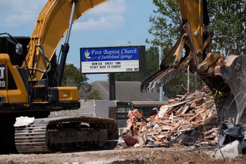 Workers continue demolition of the First Baptist Church where a gunman killed more than two dozen worshipers in 2017, in Sutherland Springs, Texas, Monday, Aug. 12, 2024.