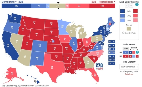 The Electoral College map, updated Aug. 8 by 270toWin.com.