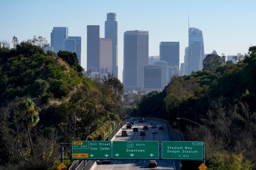 Downtown Los Angeles is seen from the Park Row Bridge in the Elysian Park neighborhood of Los Angeles on Aug. 12, 2024, after an earthquake was strongly felt from the Los Angeles area all the way to San Diego.