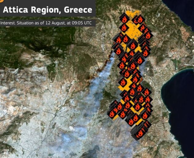 Η μεγάλη φωτιά στην Αττική όπως την κατέγραψε ο Copernicus