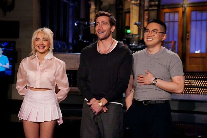 Bowen Yang with SNL musical guest Sabrina Carpenter and guest host Jake Gyllenhaal in May