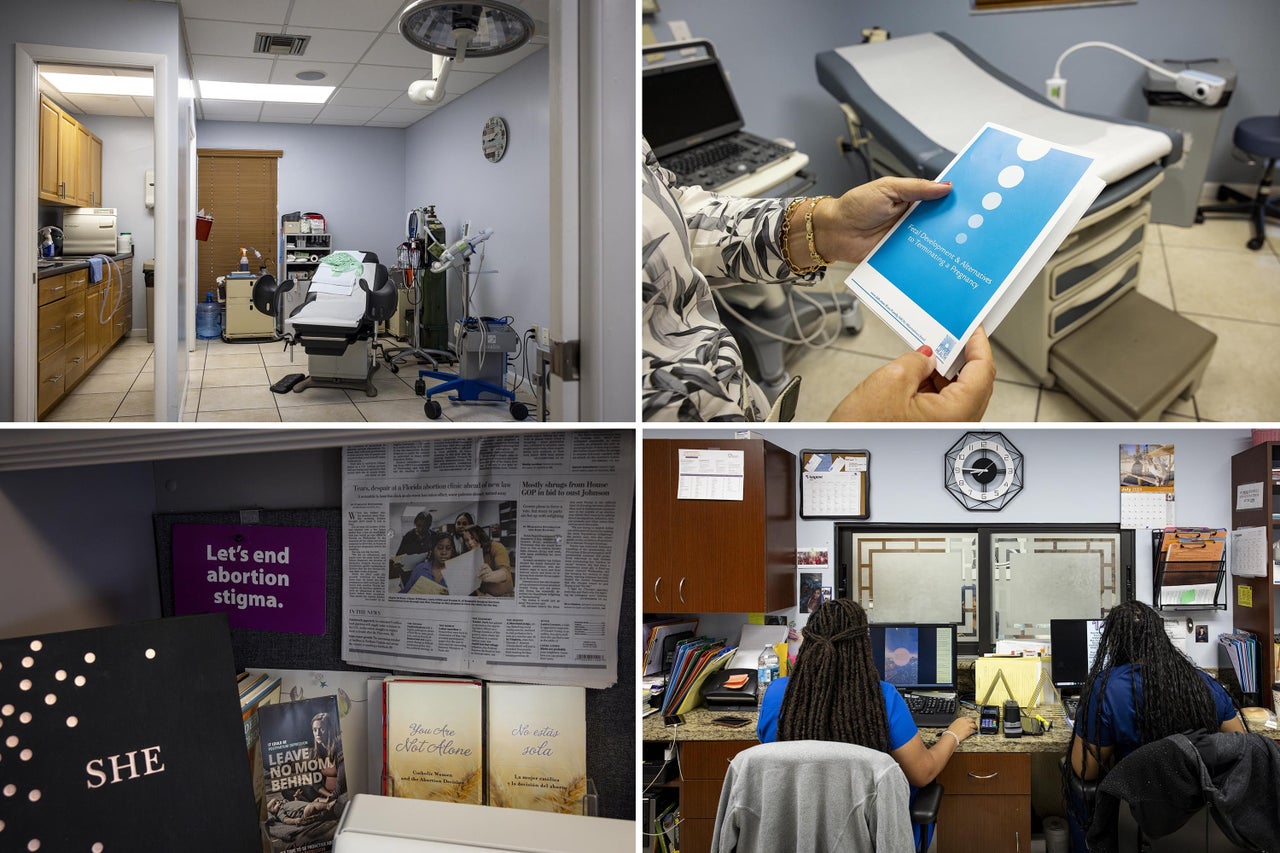 Top left: A view of the OR room at Benjamin Surgical Services International (BSSI). Top right: Eileen Diamond holds a Florida Health brochure. Bottom left: A view of Eileen Diamond’s office, director of BSSI. Bottom right: BSSI staff members are seen working at the front desk.