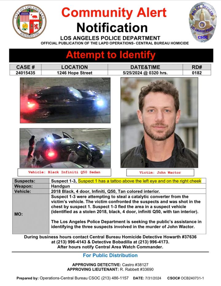 This notification provided by the Los Angeles Police Department shows images of three suspects and the getaway car used in the killing of former "General Hospital" actor Johnny Wactor in downtown Los Angeles when he interrupted thieves stealing the catalytic converter from his car.