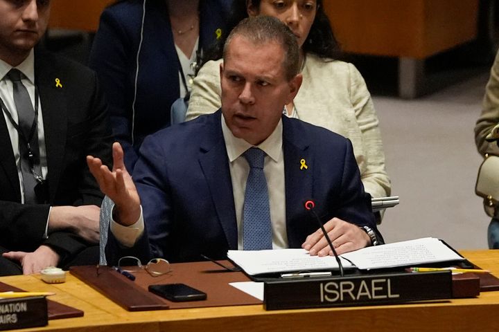 Israeli Ambassador to the United Nations Gilad Erdan speaks during a Security Council meeting at the United Nations headquarters, Tuesday, Aug. 13, 2024.