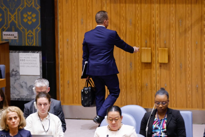 Israel's Ambassador to the United Nations Gilad Erdan leaves after speaking during a UN Security Council meeting on Gaza and the situation in Middle East at UN headquarters in New York City on August 13, 2024.