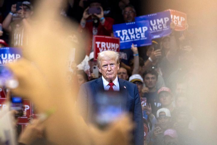 Republican presidential candidate Donald Trump looks on during an election campaign rally in Bozeman, Montana, on August 9, 2024. (Photo by NATALIE BEHRING/AFP via Getty Images)