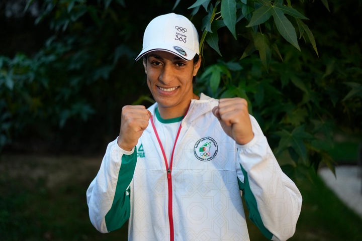 Algerian boxer Imane Khelif poses for a photo after an interview with SNTV at the 2024 Summer Olympics, Sunday, Aug. 4, 2024, in Paris, France. (AP Photo/Vadim Ghirda)