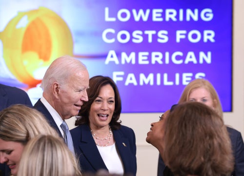 President Joe Biden and Vice President Kamala Harris greet audience members during an event promoting lower healthcare costs in the East Room of the White House on Aug. 29, 2023, in Washington. The Biden administration announced a list of the first 10 medicines that will now have lower prices following negotiations with Medicare. 