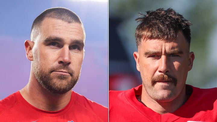 Travis Kelce in 2022 (left) and this month (right).