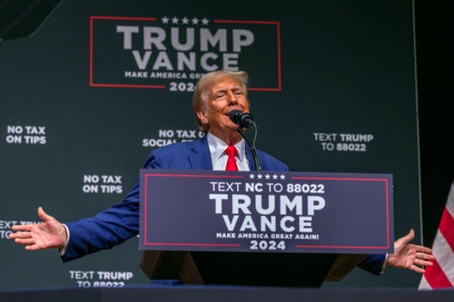 Former President Donald Trump speaks at Harrah's Cherokee Center in Asheville, North Carolina. 