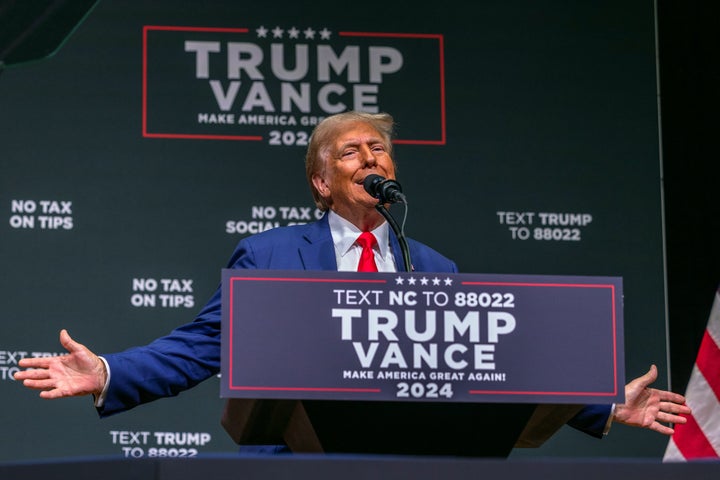 Former President Donald Trump speaks at the Harrah's Cherokee Center in Asheville, North Carolina. 