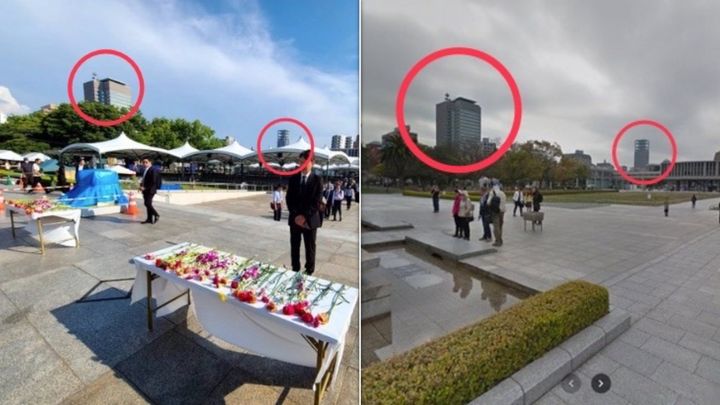 フランス大使館が「長崎平和祈念式典に参加した」としてアップした写真（左）。Googleマップのストリートビューで確認すると、広島にある建物と酷似していた（赤い丸はハフポストが加工したもの）