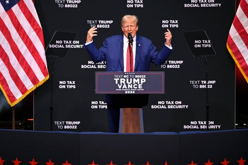 Former President Donald Trump, the 2024 Republican presidential nominee, speaks at a campaign rally Wednesday, Aug. 14, 2024, in Asheville, North Carolina.