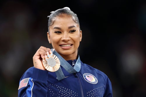 Jordan Chiles of Team USA looks on with her Bronze Medal from the Women's Apparatus floor final on day ten of the Olympic Games Paris 2024.