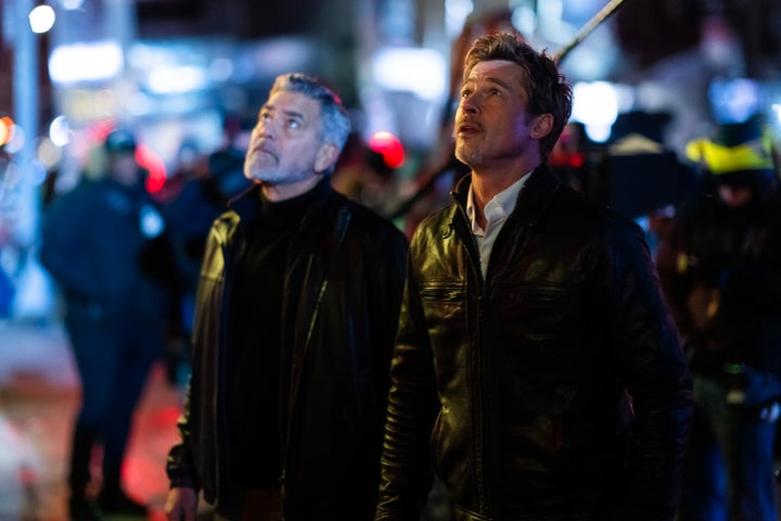 George Clooney and Brad Pitt on the New York set of "Wolfs," due out in September. 