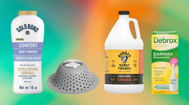 Gold Bond body powder, a drain protector, a stain remover and earwax removal drops.